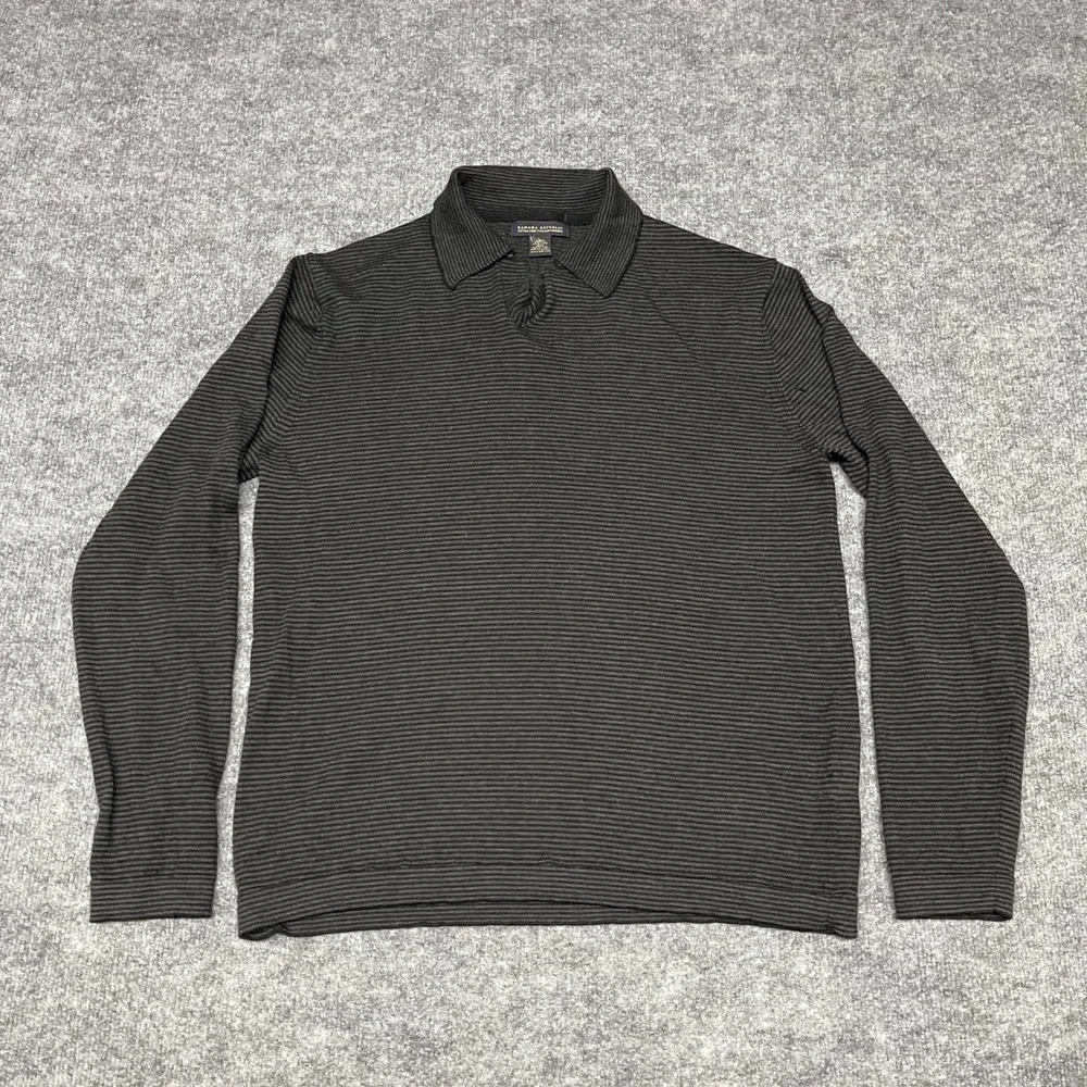 Banana‎ Republic Sweater Mens XL Black Extra Fine Merino Wool Striped Polo Light